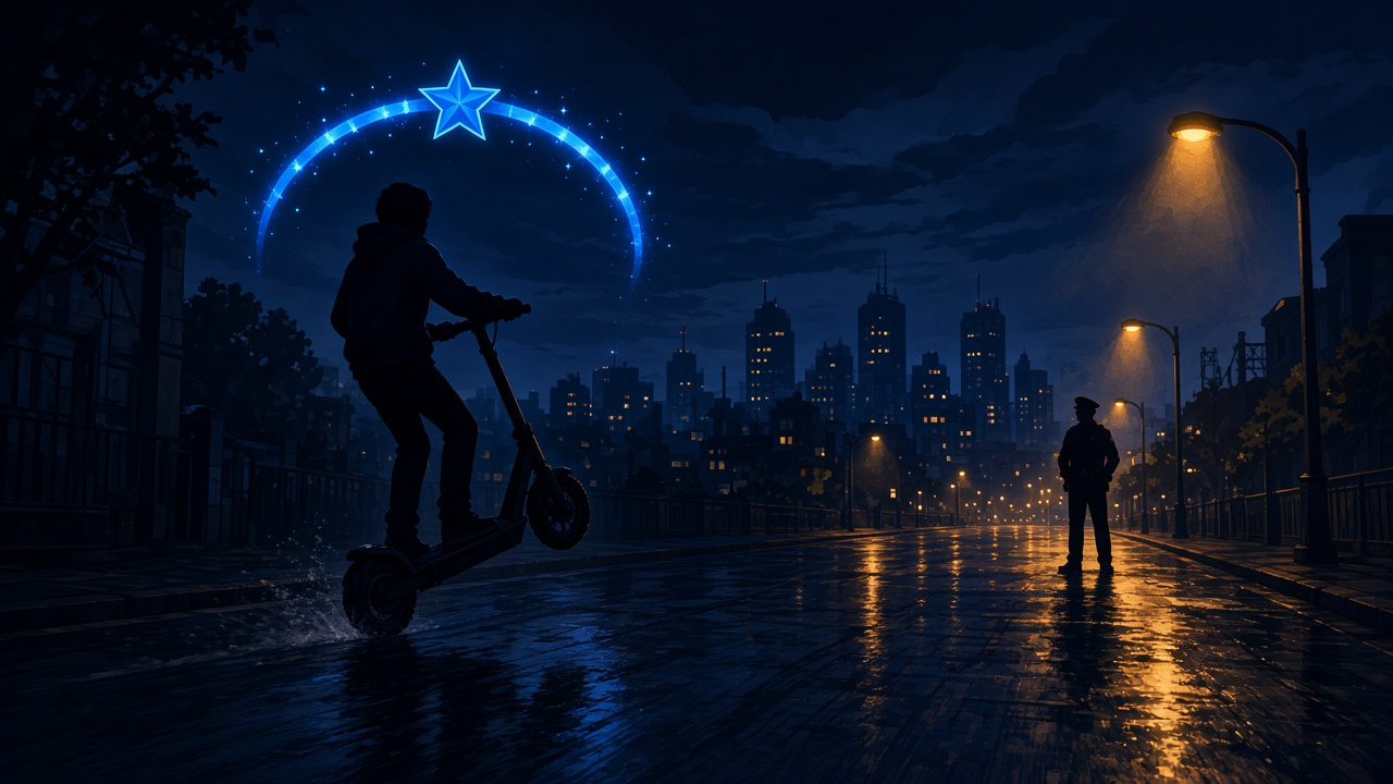 Illustration: scooter wheelie near an officer with a Wanted-Star arc